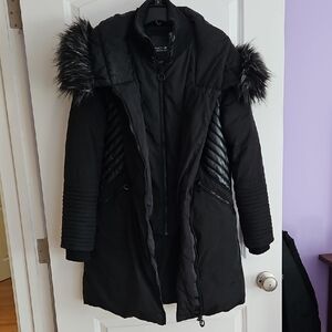 Noize Long Black Puffer Coat with Faux Fur Hood Womens Size M